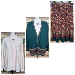 Vintage Southern Lady 3 Piece Set Midi Skirt, Blouse & Cardigan Sweater Size XL